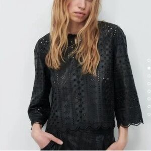 Zara Black Faux Leather Cut Work Embroidery Eyelet Blouse Size Medium